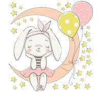 Stickers enfant lapin assis sur la lune et 30 étoiles