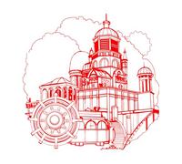 Stickers finement sculptés Une expérience visuelle dynamique d'un dessin à moitié terminé représentant une académie steampunk à New York. 54.6x54.6cm Culture du tatouage Rouge