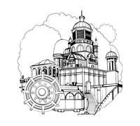 Stickers finement sculptés Une expérience visuelle dynamique d'un dessin moitié terminé représentant une académie steampunk New York. 54.6x54.6cm Modification et ajout d'informations possibles Noir