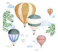 Stickers Géants Montgolfière Aquarelle Bleu, Jaune, Vert TU