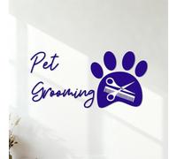 Stickers gravés Logo de toilettage pour animaux de compagnie, empreinte de chien, ciseaux, peigne, soins de santé, animalerie 53x109.4cm Culture du tatouage Bleu foncé