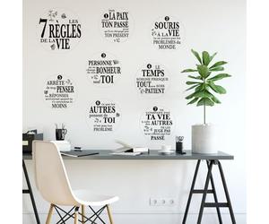 Stickers les 7 Règles de la Vie. Planche Autocollants Ronds Règlement de Vie. Affiche Règles Bonheur. Stickers message noir et blanc - Diamètre 23 - Adhésif Transparent