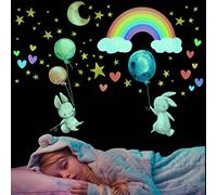 Stickers Mural Lapin Lumineux, Lumineuses Arc en Ciel Wall Stickers, Autocollant Mural Lune Étoile Fluorescent, Phosphorescentes Stickers Muraux Amovible, Cadeau pour D'enfants Garçons Fille Chambre