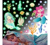 Stickers Mural Lumineux Sirène, Fluorescente Autocollant Muraux Enfant, Monde Sous Marin Decoration Lumineuses Wall Stickers, Phosphorescentes Stickers Mural Répositionnable, pour Fille Chambre Salon