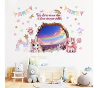 Stickers Muraux 3D Arc en Ciel Licorne - Rose Nuage Autocollant Mural Avec Citation - Fais de ta Vie Un rêve - Wall Stickers Décoration Murale Pour Chambre Enfant Bébé Fille Pépinière