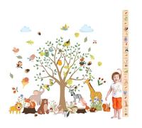 Stickers Muraux Animaux de la Jungle Arbre Branche Autocollant avec Toise Murale Enfant, Stickers Muraux Enfants de la Motif éléphant, Girafe, Lion, Décoration Murale Chambre Enfants Bébé Pépinière