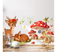 Stickers Muraux Animaux de la Jungle Arbre Fleurs de Cerisier Floral Branche Arbre Oiseaux Autocollants Muraux Décoration Murale Salon Chambre (Lapin Champignon)