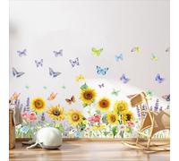 Stickers Muraux Animaux de la Jungle Arbre Fleurs de Cerisier Floral Branche Arbre Oiseaux Autocollants Muraux Décoration Murale Salon Chambre (Tournesol avec Papillons)