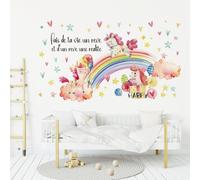 Stickers Muraux Arc en Ciel Licorne - Rose Nuage Autocollant Mural Avec Citation - Fais de ta Vie Un rêve - Wall Stickers Décoration Murale Pour Chambre Enfant Bébé Fille Pépinière