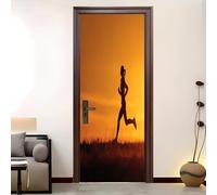 Stickers Muraux Autocollant Porte 3D Des Gens Qui Courent Au Coucher Du Soleil Stickers De Porte PVC Imperméable Orange Papier Peint Murale pour Salon, Salle De Bain Décoration / 90x200 cm