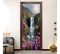 Stickers Muraux Autocollant Porte 3D éTang De Lotus, Cascade, Fleurs Stickers De Porte PVC Imperméable Paysages Naturels Papier Peint Murale pour Salon, Salle De Bain Décoration / 95x205 cm