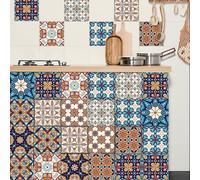 Stickers Muraux Cuisine 10x10 cm Bohème Beige Bleu Credence Adhesive pour Cuisine Vinyle Stickers Carrelage Décoration de Meubles Carrelage Adhesif Mural Salle de Bain (10 Pièces)