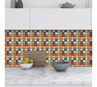 Stickers Muraux Cuisine 15x15 cm Orange Bleu Géométrie Credence Adhesive pour Cuisine Vinyle Stickers Carrelage Décoration de Meubles Carrelage Adhesif Mural Salle de Bain (10 Pièces)