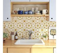 Stickers Muraux Cuisine 20x20 cm Fleur Jaune Moutarde Credence Adhesive pour Cuisine Imperméable Stickers Carrelage Décoration Carrelage Adhesif Mural Salle de Bain 20 Pièces