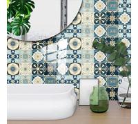 Stickers Muraux Cuisine Beige Bleu Rétro Stickers Salle de Bain Imperméable Décoration Murale Dalle PVC Adhesive Sol Autocollant Credence Adhesive pour Cuisine 15x15cm /10 Pièces