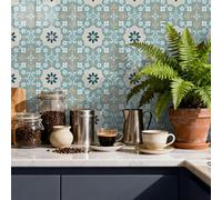 Stickers Muraux Cuisine Bleu Beige Floral Dalle PVC Adhesive Murale Imperméable Meuble Cheminée Entoure Carrelage Adhesif Sol Decoration Credence Adhesive pour Cuisine 20x20 cm/24 pièces