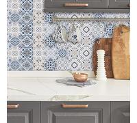 Stickers Muraux Cuisine Bleu Géométrique Beige Vinyle Adhesif Anti-eau et Anti-graisse Decoration Cuisine Dalle pvc Adhesive Sol Durable Stickers Salle de Bain 10x240 cm/ 1 rouleau