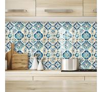 Stickers Muraux Cuisine Fleur Bleue Beige Stickers Salle de Bain Imperméable Décoration Murale Dalle PVC Adhesive Sol Autocollant Credence Adhesive pour Cuisine 15x15cm /10 Pièces