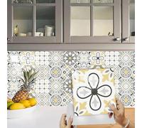 Stickers Muraux Cuisine Fleur Grise Jaune Credence Adhesive pour Cuisine Meuble Carrelage Adhesif Mural Salle de Bain Décor Dalle pvc Adhesive Sol Stickers Carrelage 15x15cm /10 pièces