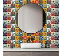 Stickers Muraux Cuisine Fleur Rouge Bleu Stickers Salle de Bain Imperméable Dalle pvc Adhesive Murale Credence Adhesive pour Cuisine Décoration Carrelage Adhesif Mural 30x240 cm/ 1 rouleau
