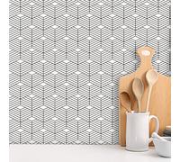 Stickers Muraux Cuisine Géométrie Blanche Rayée Stickers Salle de Bain Imperméable Décoration Murale Dalle PVC Adhesive Sol Autocollant Credence Adhesive pour Cuisine 20x20 cm /36 Pièces