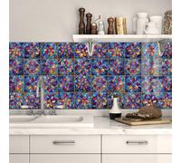 Stickers Muraux Cuisine Géométrie Rouge Bleu Vinyle Adhesif Imperméable Placard Mur Armoires Meubles Decoration Dalle PVC Adhesive Sol Stickers Salle de Bain 10x10 cm/24 Pièces