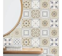 Stickers Muraux Cuisine Mandala Beige Marron Stickers Salle de Bain Imperméable Décoration Murale Dalle PVC Adhesive Sol Autocollant Credence Adhesive pour Cuisine 15x15cm /10 Pièces