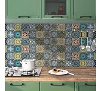 Stickers Muraux Cuisine Mandala Jaune Vert Vinyle Adhesif Anti-eau et Anti-graisse Decoration Cuisine Dalle pvc Adhesive Sol Durable Stickers Salle de Bain 10x240 cm/ 1 rouleau