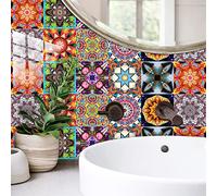 Stickers Muraux Cuisine Mandala Rose Orange Stickers Salle de Bain Imperméable Décoration Murale Dalle PVC Adhesive Sol Autocollant Credence Adhesive pour Cuisine 15x15cm /10 Pièces