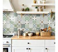 Stickers Muraux Cuisine Mandala Vert Élégant Vinyle Adhesif Imperméable Placard Mur Armoires Meubles Decoration Dalle PVC Adhesive Sol Stickers Salle de Bain 15x15 cm/24 Pièces