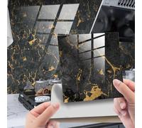 Stickers Muraux Cuisine Marbre D'Or Noir Credence Adhesive pour Cuisine Imperméable Stickers Carrelage Meubles Décoration Carrelage Adhesif Mural Salle de Bain 15x15cm (10 Pièces)