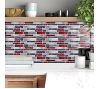 Stickers Muraux Cuisine Marbre Rouge Gris Dalle PVC Adhesive Murale Credence Adhesive pour Cuisine Plaque PVC Murale Panneau Mural Salle de Bain Carrelage Autocollant Papier Peint 12x24cm/30 Pcs