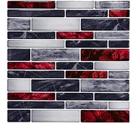 Stickers Muraux Cuisine Marbre Rouge - Gris Décoration Murale En Carrelage,Autocollants Carrelage Salle De Bain Et Cuisine,Auto-Adhésif Pvc Imperméable Style Carreaux De Ciment 15X15Cm