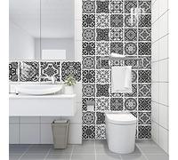 Stickers Muraux Cuisine Noir Retro Marocain Stickers Salle de Bain Imperméable Décoration Murale Dalle PVC Adhesive Sol Autocollant Credence Adhesive pour Cuisine 10x10cm /10 Pièces