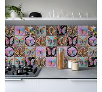 Stickers Muraux Cuisine Papillons Arc-En-Ciel Dalle pvc Adhesive Murale Imperméable Stickers Carrelage Salle de Bain Decoration Credence Adhesive pour Cuisine 24 Pièces/10x10cm