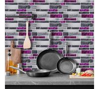 Stickers Muraux Cuisine Violet Marbre Gris Dalle PVC Adhesive Murale Credence Adhesive pour Cuisine Plaque PVC Murale Panneau Mural Salle de Bain Carrelage Autocollant Papier Peint 12x24cm/10 Pcs