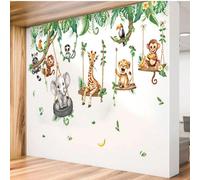 Stickers muraux de balançoires d'animaux de la jungle, lion, éléphant, girafe, feuilles tropicales. Décalcomanies murales pour salle de bain, salle de jeux, chambre à coucher, fête, décoration de la m