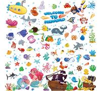 Stickers Muraux de Poisson d'Océan Stickers Muraux de Sirène Sous-Marine Stickers Muraux Amovibles d'Océan Autocollants Animaux Océan Aquarelle pour Décoration de Chambre Salle de Bains