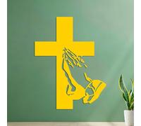 Stickers muraux en PVC Prier les mains jointes devant une croix 42x54.8cm Amovible sans laisser de colle Jaune