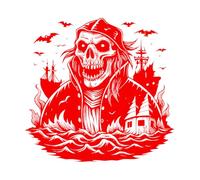 Stickers muraux en vinyle Un pirate squelettique hanté surplombe des navires fantomatiques et des chauves-souris dans des mers déchaînées. 42x43.8cm Décoration artistique Rouge