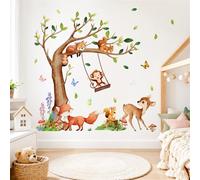 Stickers Muraux Enfant Arbre et Animaux de la Forêt, Autocollants Muraux Aquarelle avec Renard, Cerf, Écureuil et Singe pour Chambre de Bébé, Décoration Naturelle et Enchanteuse