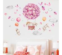 Stickers Muraux Enfant Lapins Montgolfière Fleurs, Autocollants Muraux Amovibles Aquarelle avec Papillons et Nuages pour Chambre de Bébé Fille, Décoration Murale Douce et Féerique