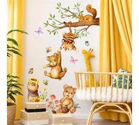 Stickers Muraux Enfant Oursons et Tigre Aquarelle, Autocollants Muraux avec Écureuil, Abeilles et Papillons pour Chambre de Bébé, Décoration Enchanteur sur le Thème du Miel