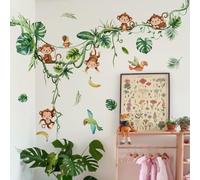 Stickers Muraux Enfant Singes de la Jungle sur Liane, Autocollants Muraux Aquarelle avec Feuilles Tropicales et Perroquets pour Chambre de Bébé, Décoration Ludique et Naturelle