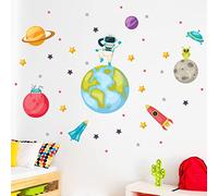 Stickers muraux enfants - Decoration chambre bébé - Sticker mural chambre enfant - Autocollant mural astronaute et les planètes + 80 étoiles - H60 x L90 cm