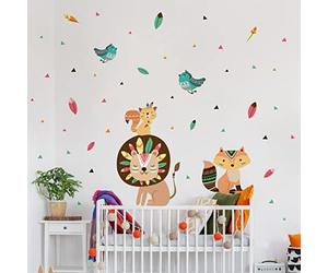 Stickers muraux enfants - Decoration chambre bébé - Sticker mural chambre enfant - Autocollant mural lion et les plumes magiques - H80 x L60 cm