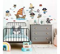 Stickers muraux enfants - Decoration chambre bébé - Sticker mural chambre enfant - Autocollant mural oursons pirates et le trésor magique - H60 x L90 cm