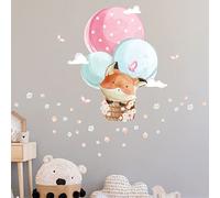 Stickers muraux enfants - Decoration chambre bébé - Sticker mural chambre enfant - Autocollant mural renard en montgolfière + 80 fleurs - H45 x L30 cm