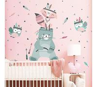 Stickers muraux enfants - Decoration chambre bébé - Stickers muraux enfant - Sticker mural Animaux - Autocollant mural ourson et hiboux jouant aux indiens- H120 x L90 cm