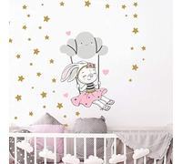 Stickers muraux enfants - Decoration chambre bébé - Stickers muraux enfant - Sticker mural Lapine sur Nuage + 100 étoiles - Autocollant mural fille - H45x L30 cm